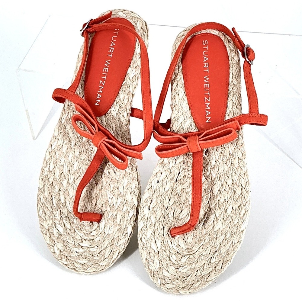 Stuart‎ Weitzman Size 6.5 Orange Suede Raffia Thong Sandals NEW Espadrille Flat